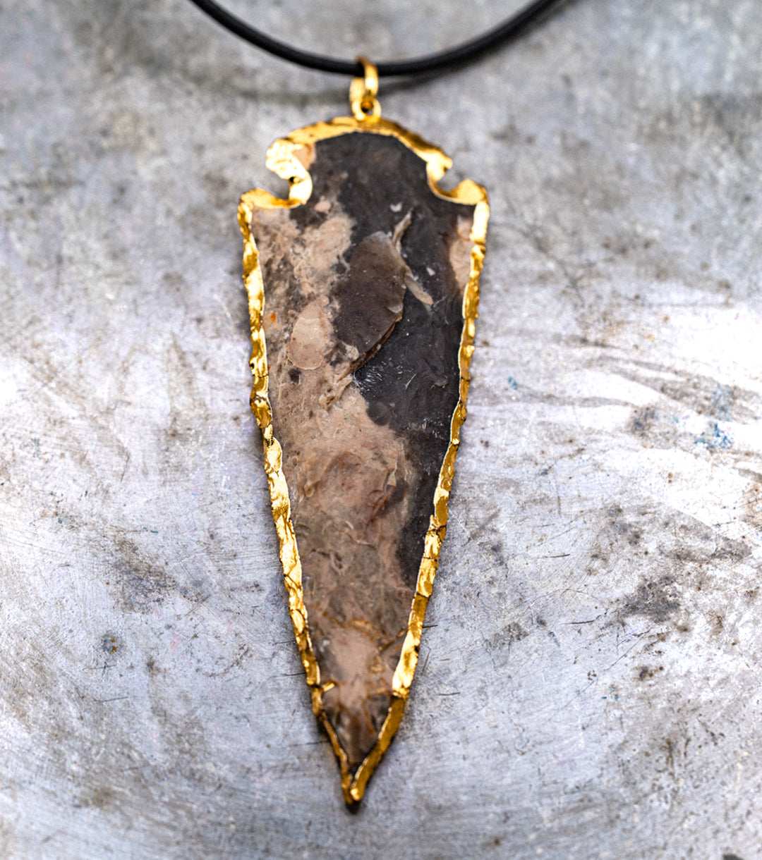 Spearhead Purple Jasper, Gold & Black Leather Necklace