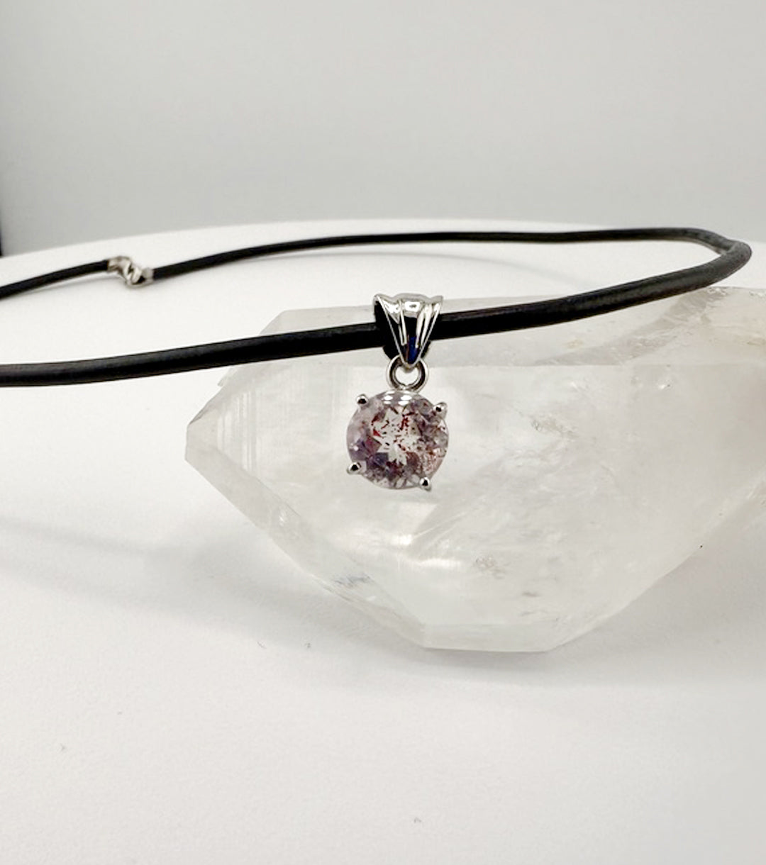 "Macbeth" Elestial Quartz, 925 Silver and Leather Necklace Faceted Round