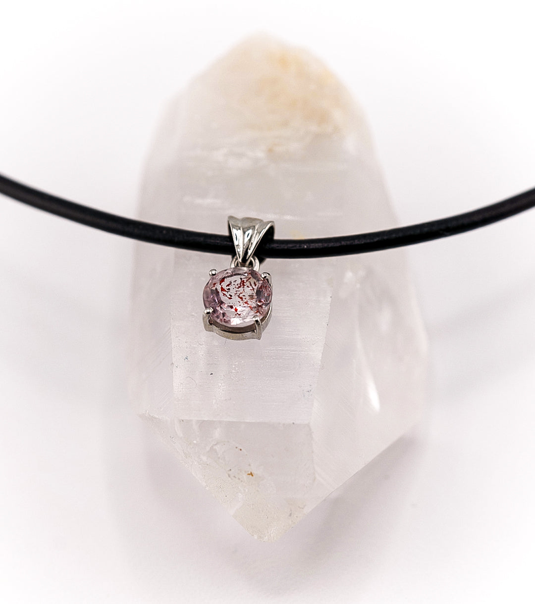 "Macbeth" Elestial Quartz, 925 Silver and Leather Necklace Faceted Round
