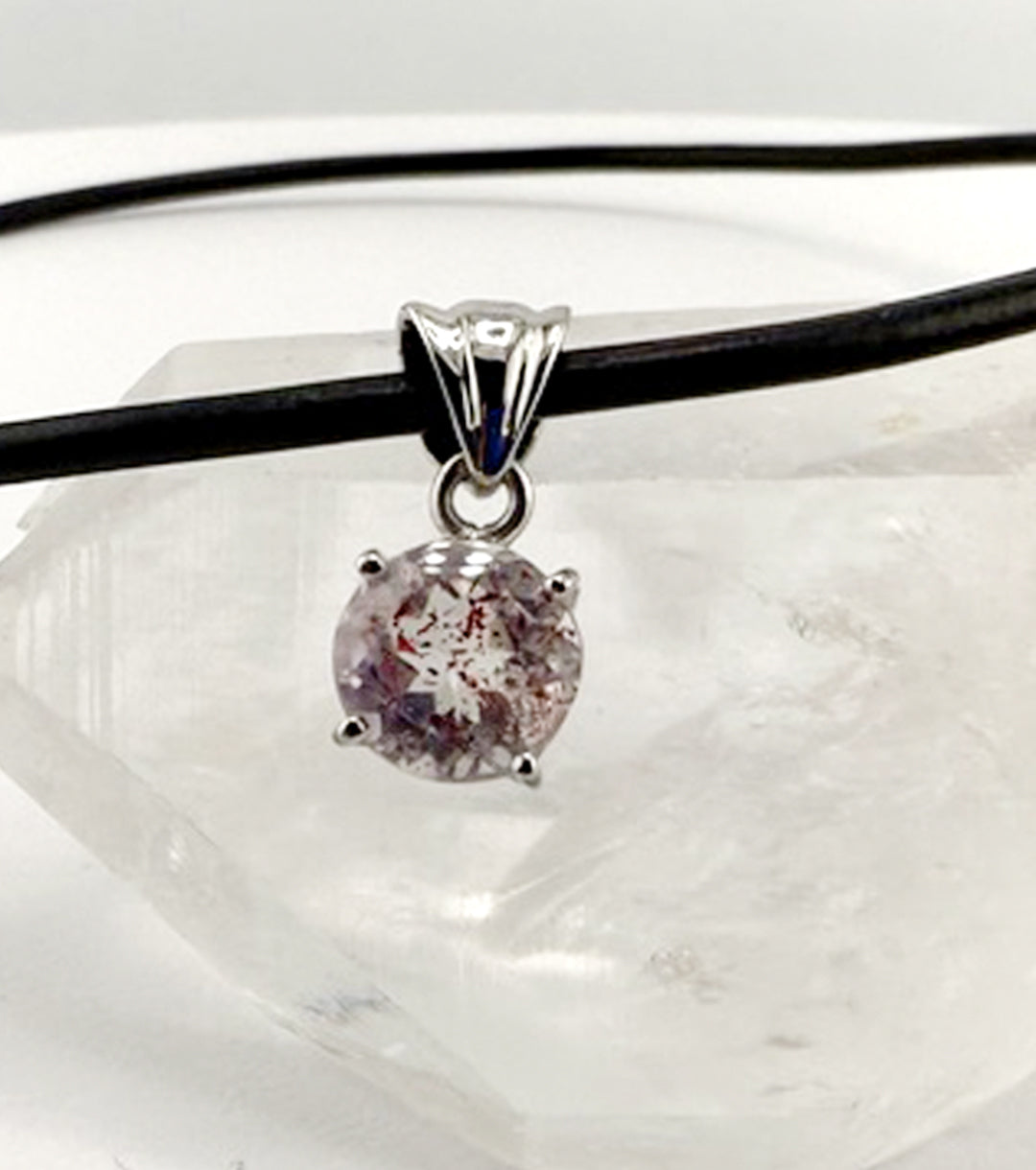 "Macbeth" Elestial Quartz, 925 Silver and Leather Necklace Faceted Round