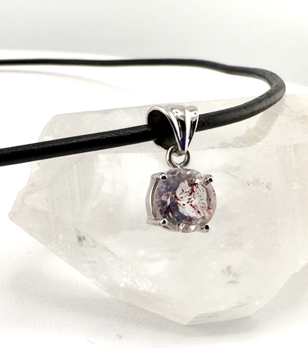 "Macbeth" Elestial Quartz, 925 Silver and Leather Necklace Faceted Round