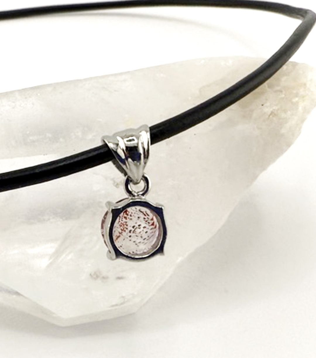 "Macbeth" Elestial Quartz, 925 Silver and Leather Necklace Faceted Round