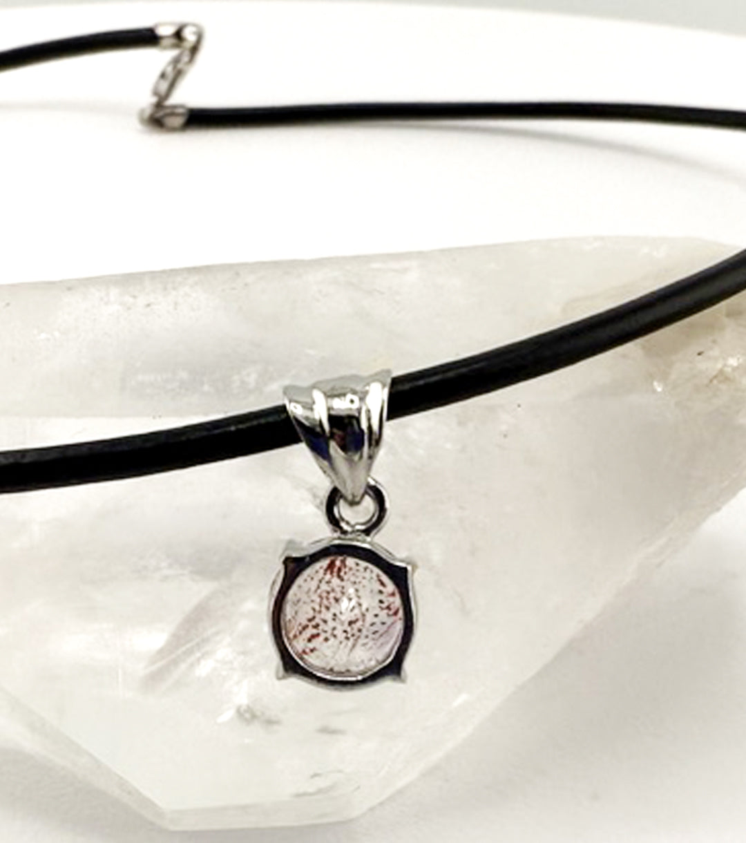 "Macbeth" Elestial Quartz, 925 Silver and Leather Necklace Faceted Round
