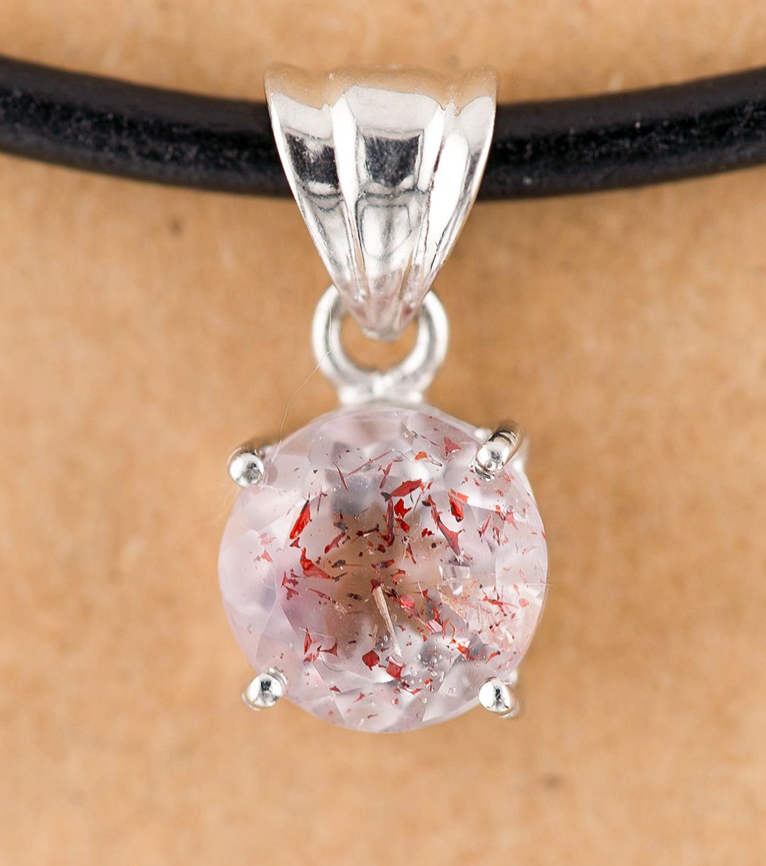 "Macbeth" Elestial Quartz, 925 Silver and Leather Necklace Faceted Round