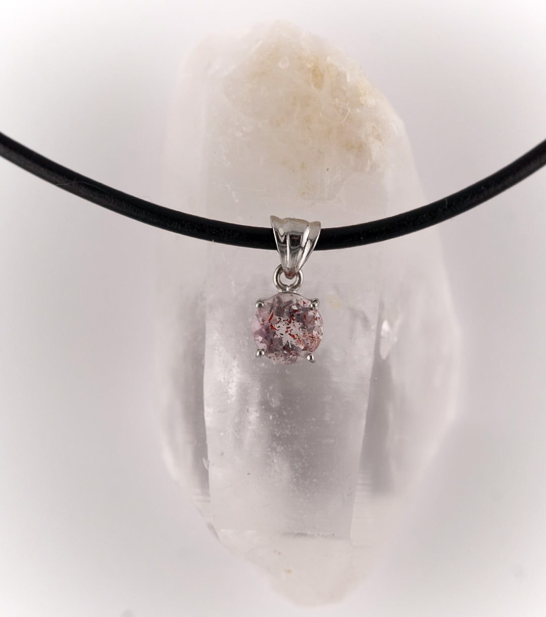 "Macbeth" Elestial Quartz, 925 Silver and Leather Necklace Faceted Round