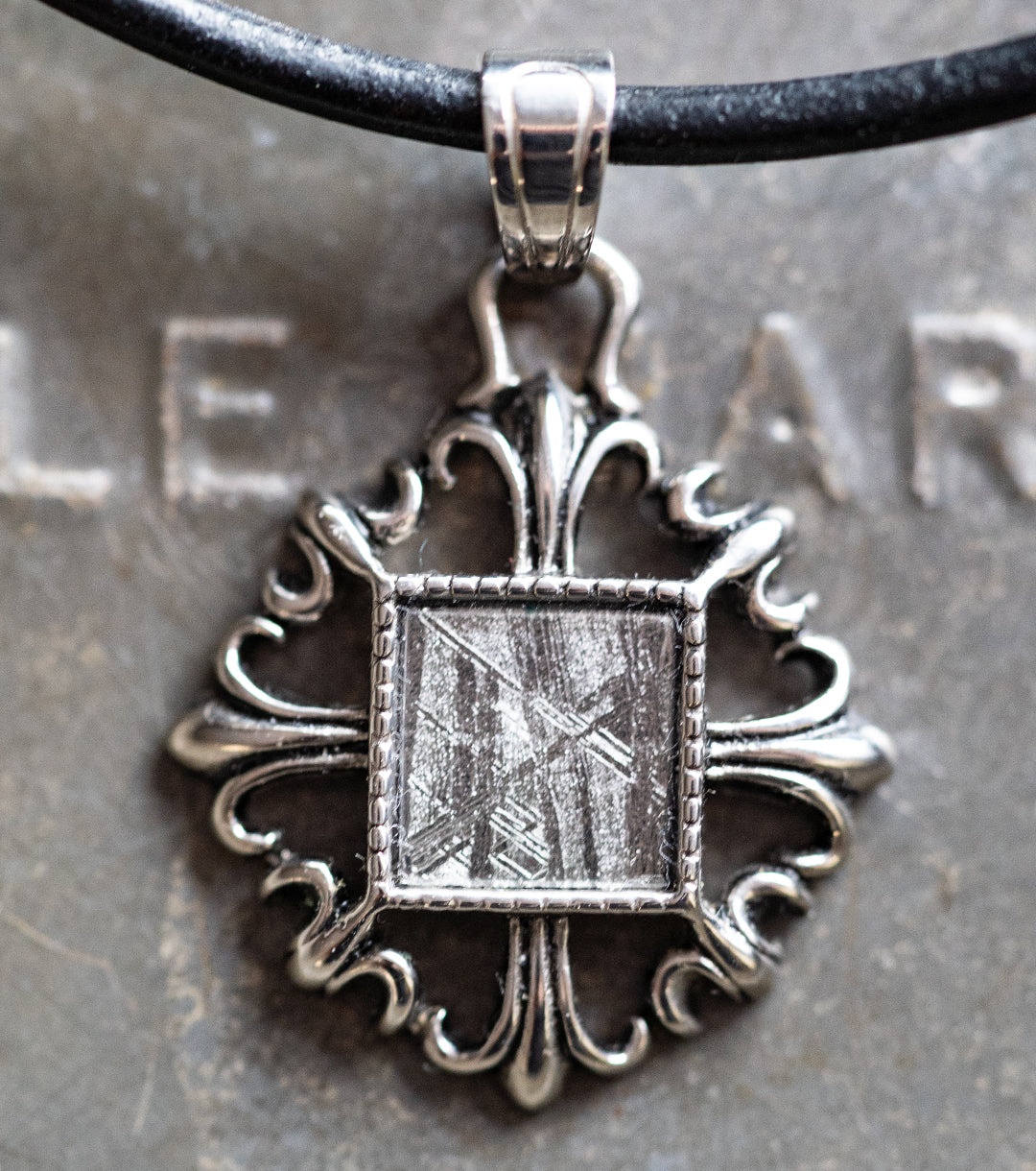 Fleur de Lis Framed Meteorite, 925 Silver & Leather Necklace