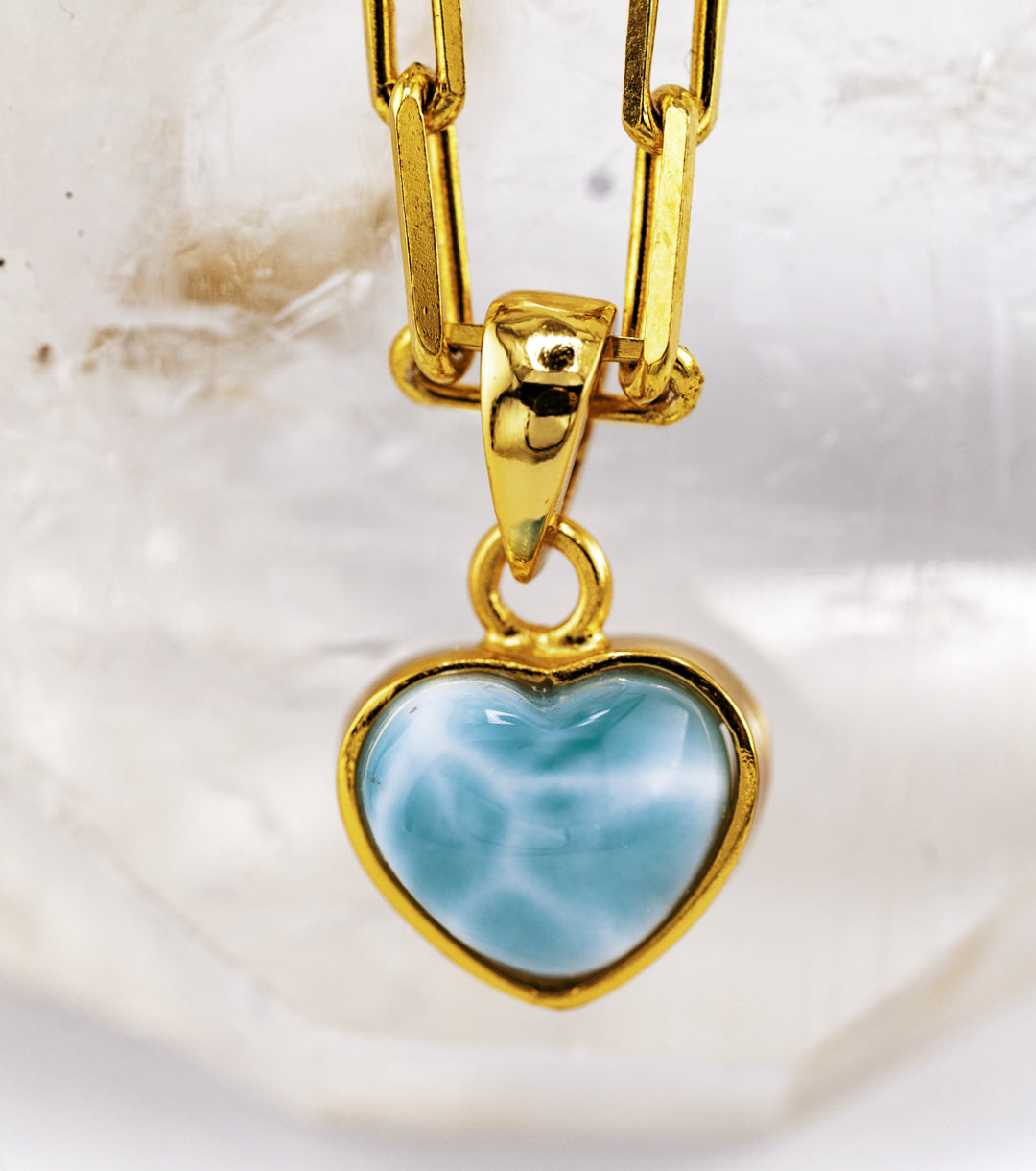Larimar "Heart of Atlantis" & 18K Gold Plated 925 Silver Paperclip Necklace