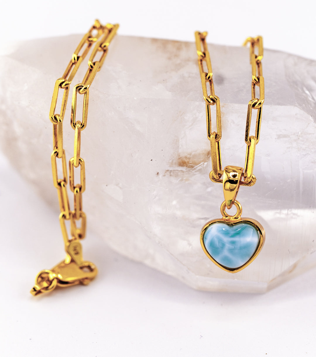 Larimar "Heart of Atlantis" & 18K Gold Plated 925 Silver Paperclip Necklace