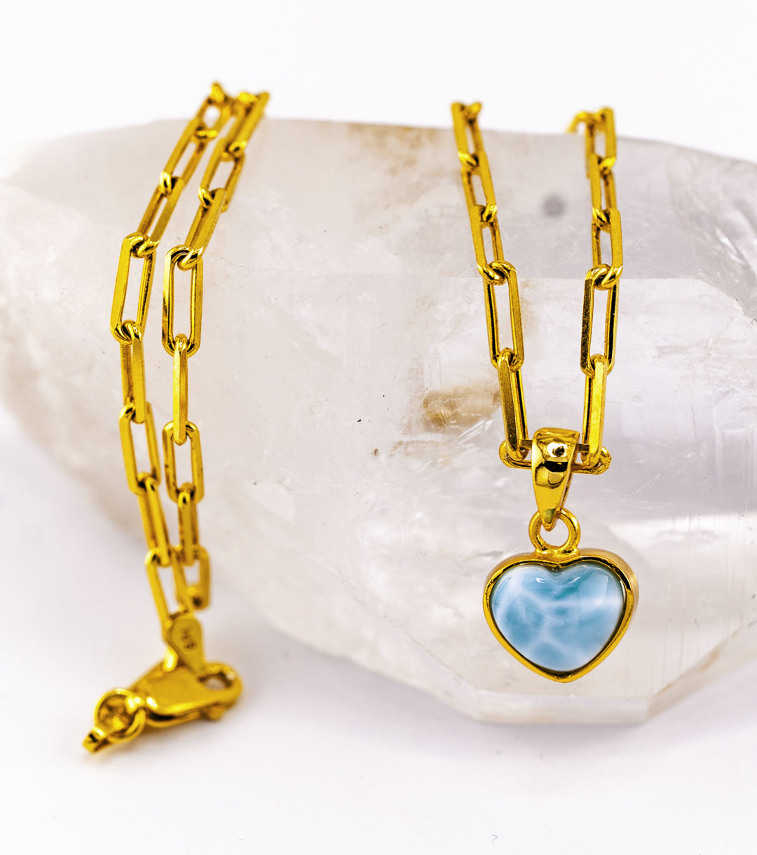 Larimar "Heart of Atlantis" & 18K Gold Plated 925 Silver Paperclip Necklace