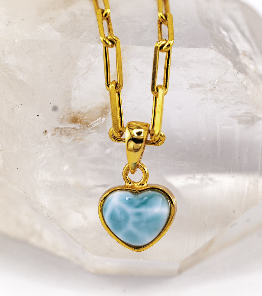 Larimar "Heart of Atlantis" & 18K Gold Plated 925 Silver Paperclip Necklace