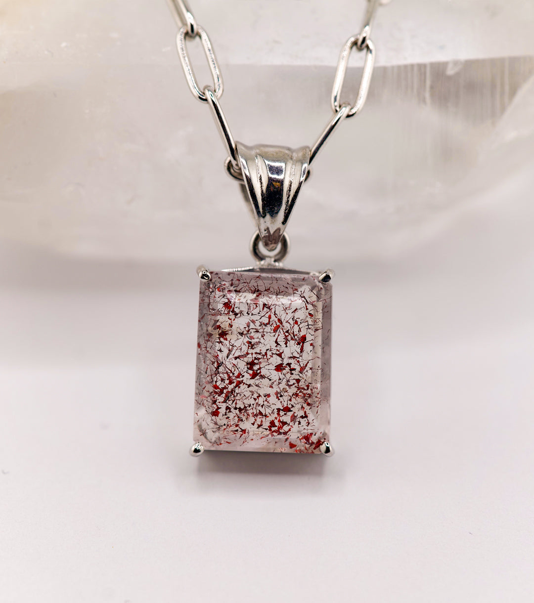 "Macbeth" Elestial Quartz, 925 Silver and Leather Necklace Emerald Cut