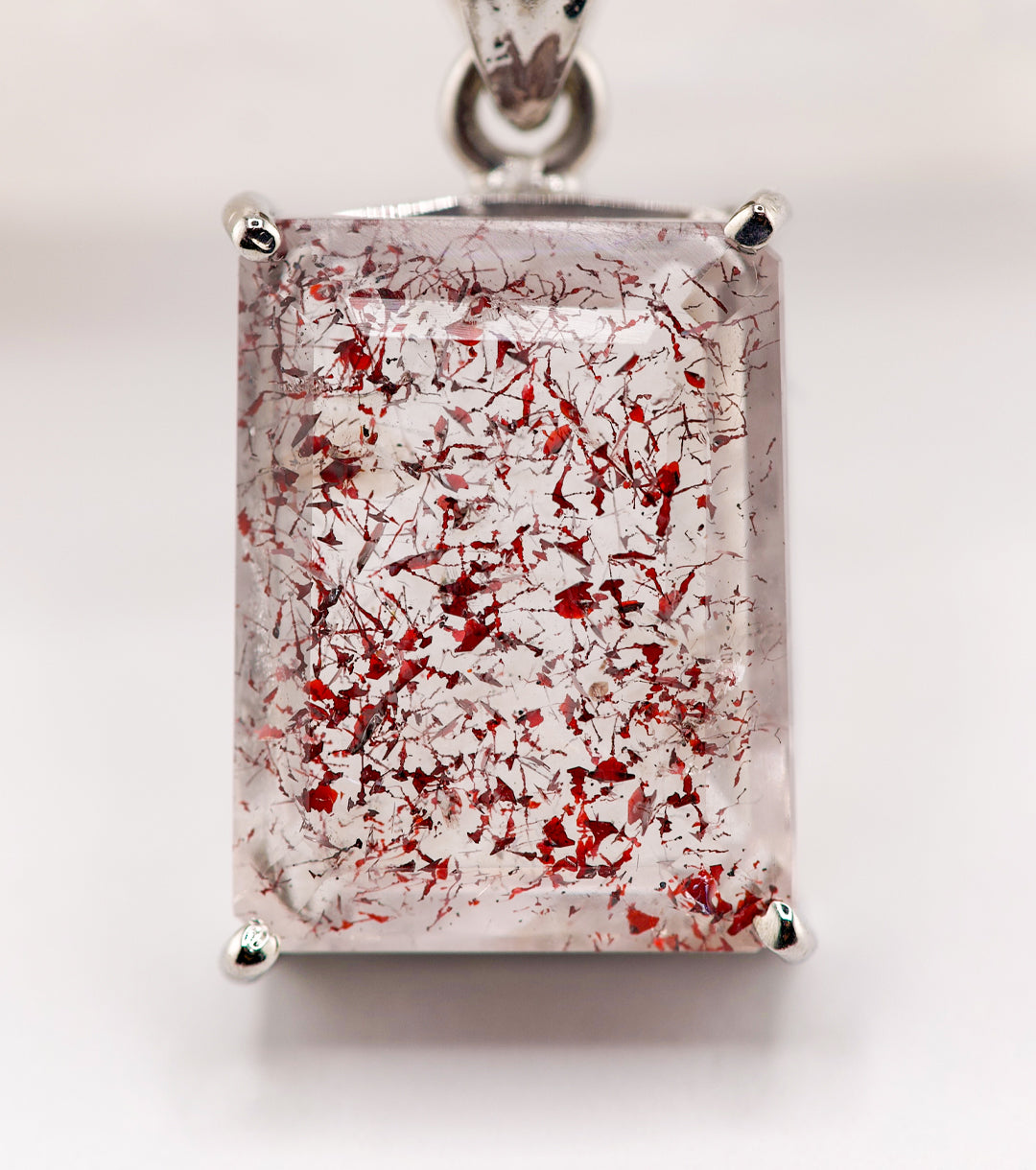 "Macbeth" Elestial Quartz, 925 Silver and Leather Necklace Emerald Cut