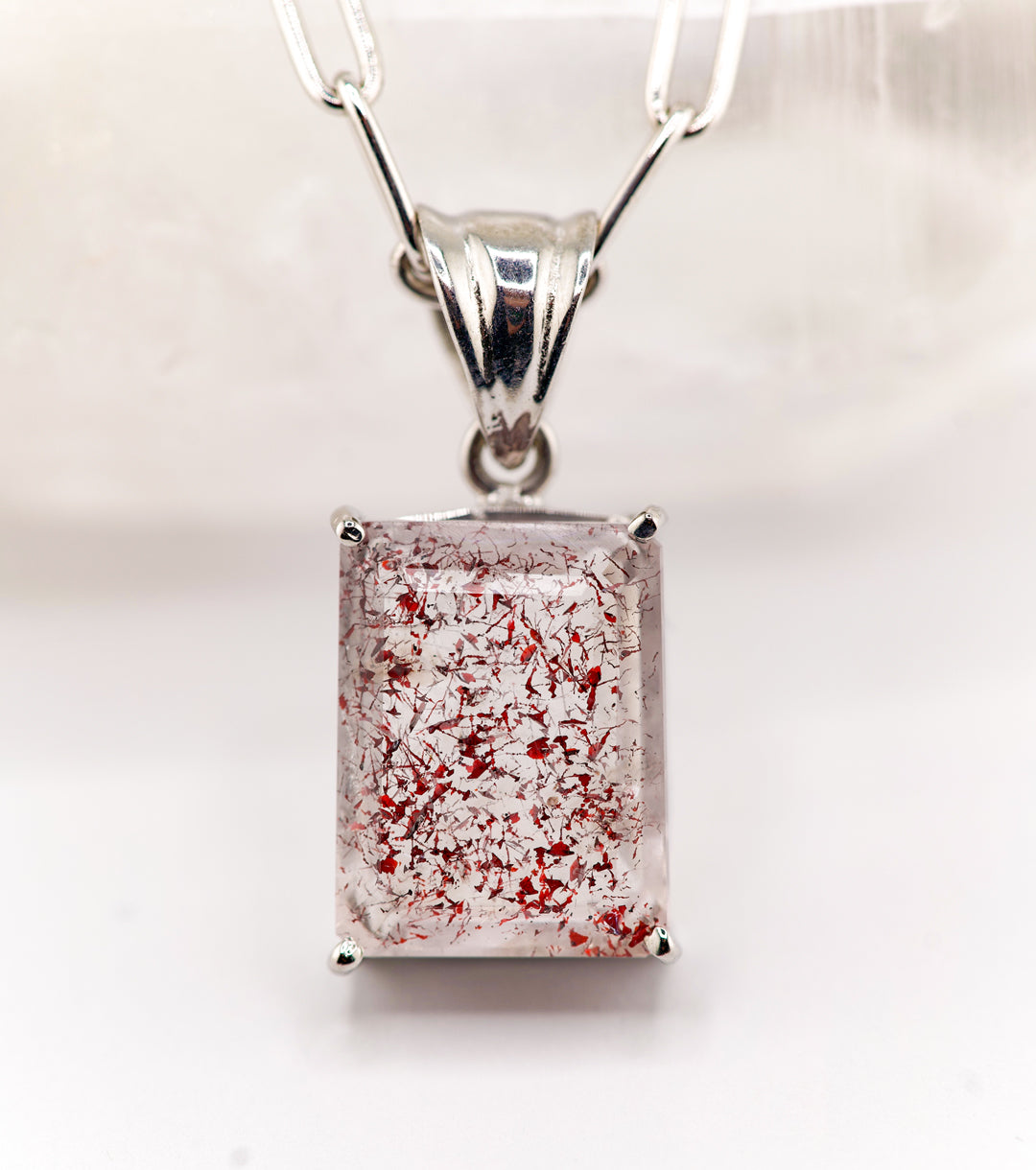 "Macbeth" Elestial Quartz, 925 Silver and Leather Necklace Emerald Cut