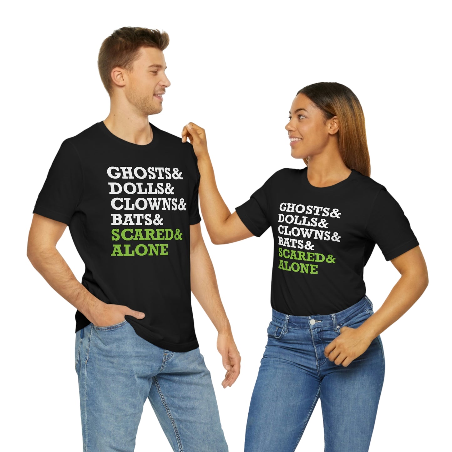 Scared & Alone - Ghosts & Dolls & Clowns & Bats Unisex Jersey Short Sleeve Tee