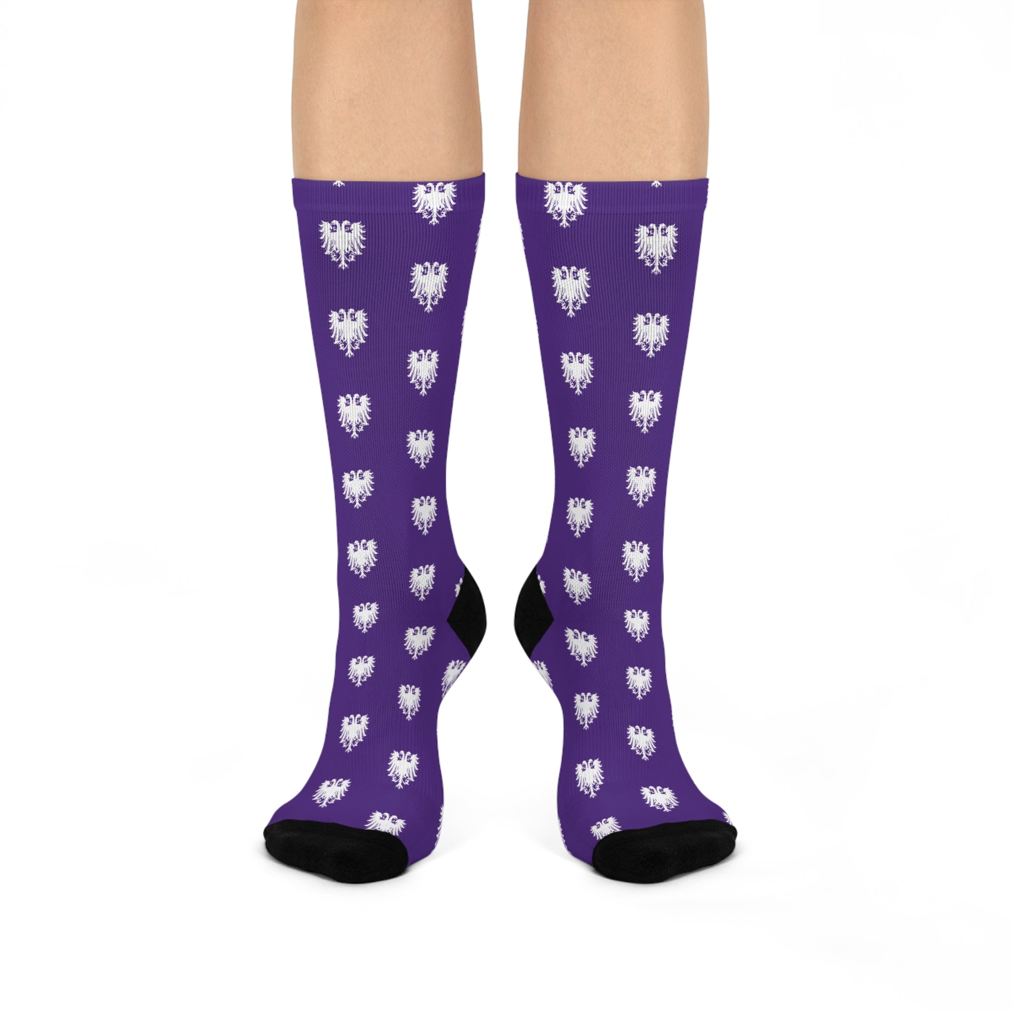 University Magickus "Double Dragon" Cushioned Crew Socks in Purple/White