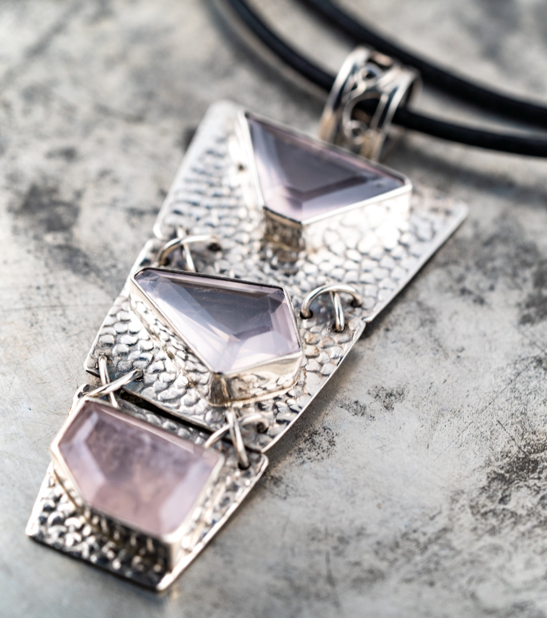 80s Wild Rose Quartz & 925 Silver XL Pendant Necklace