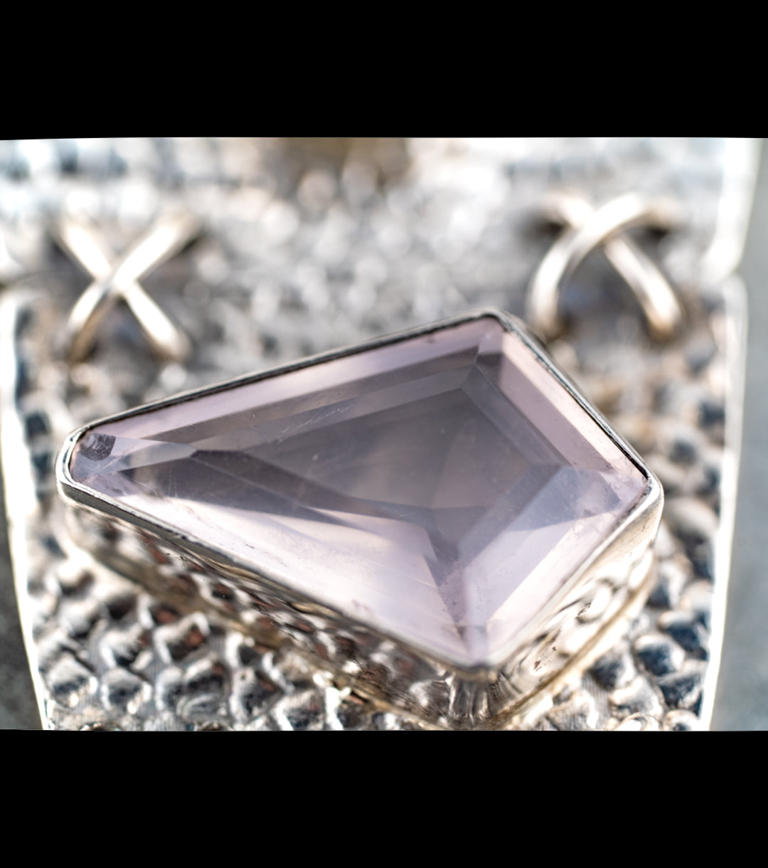 80s Wild Rose Quartz & 925 Silver XL Pendant Necklace