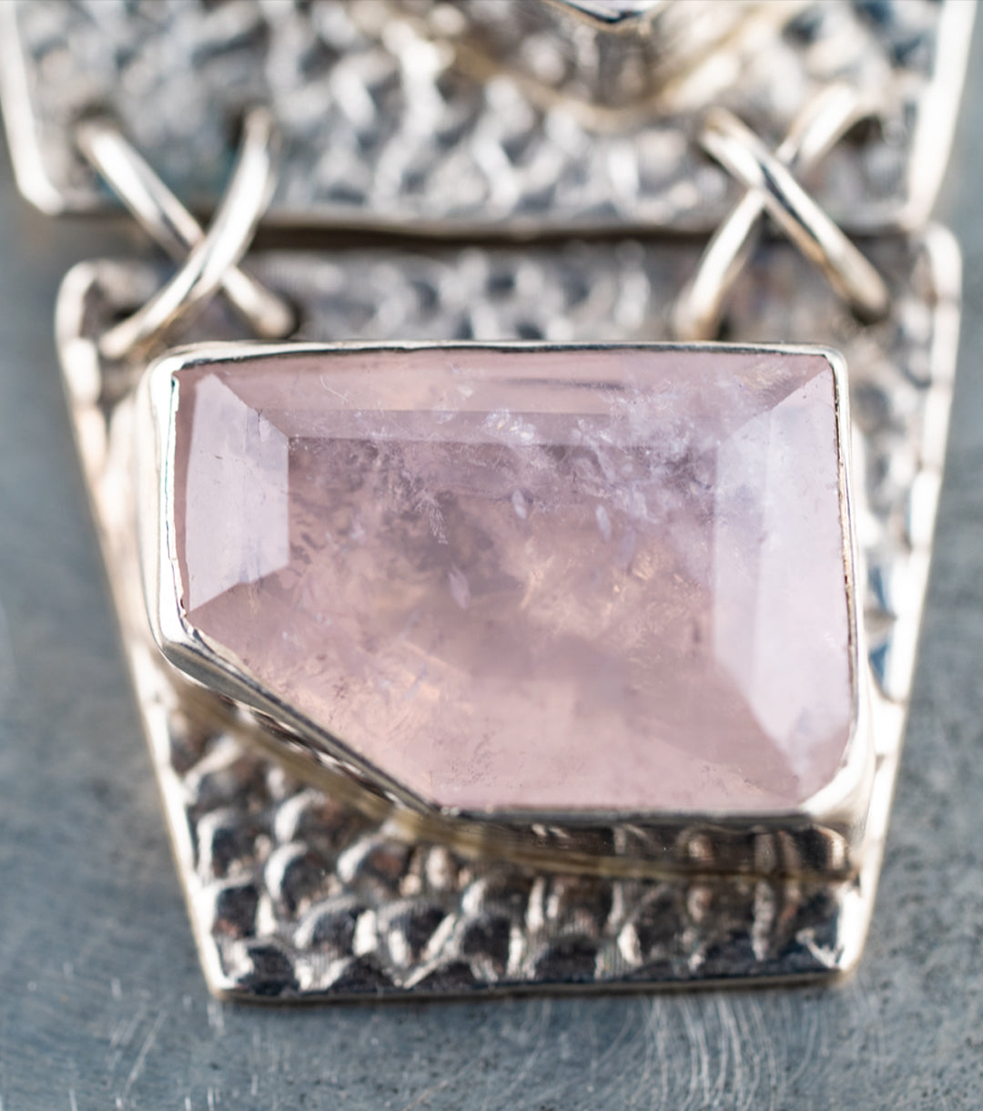 80s Wild Rose Quartz & 925 Silver XL Pendant Necklace