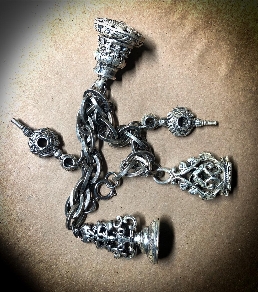Dutch 1800s "835 Silver" Watch Chain/ Chatelaine with 2 Watch Keys and 3 Seals