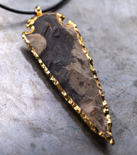 Spearhead Purple Jasper, Gold & Black Leather Necklace