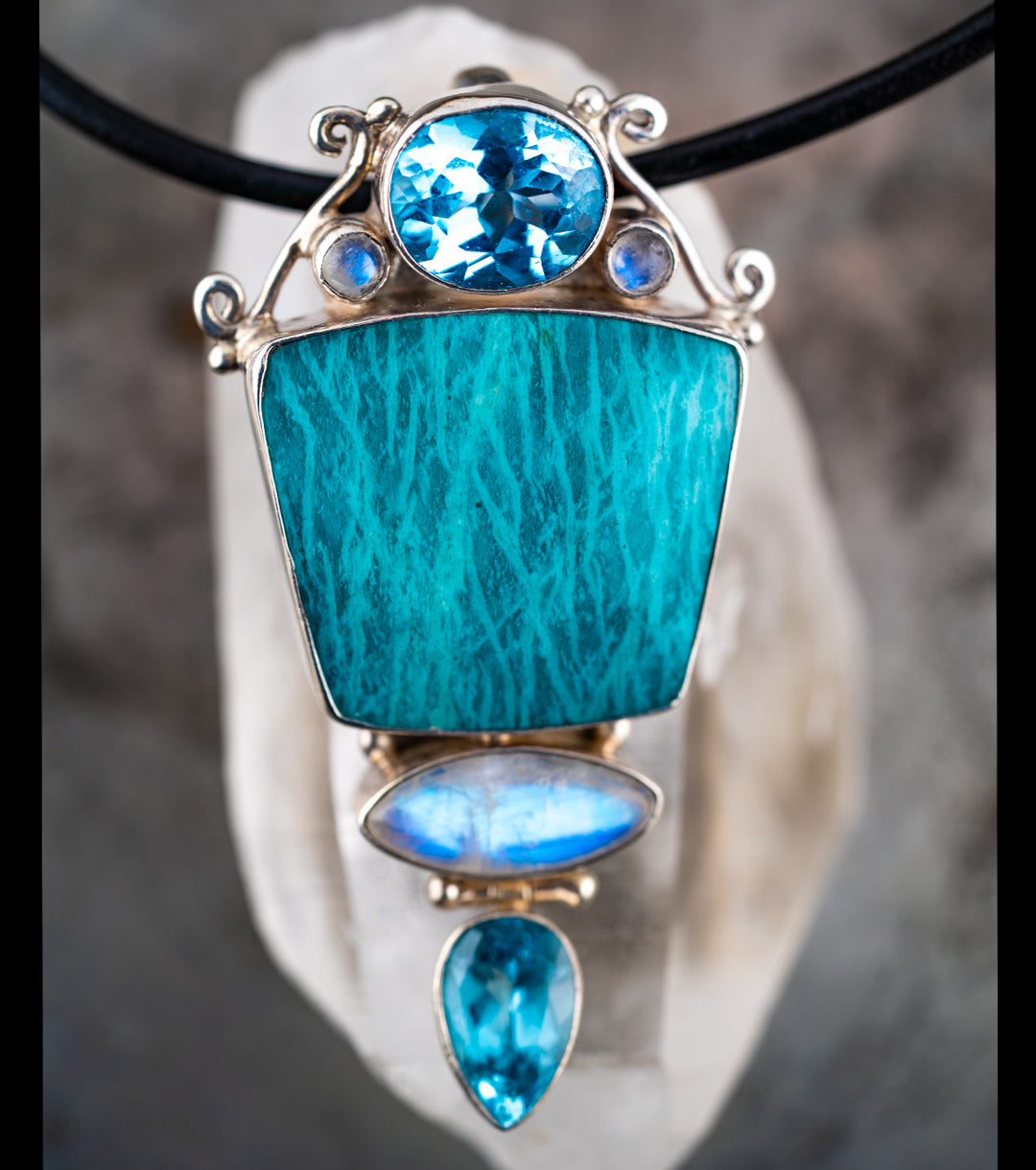 80s Topaz, Amazonite & Moonstone Sculptural Pendant