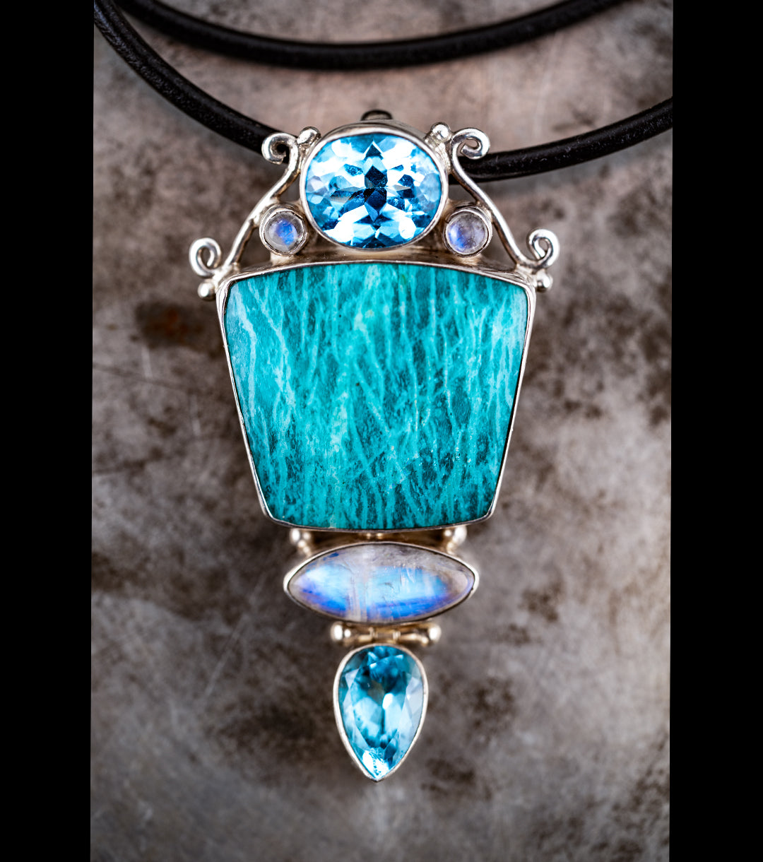80s Topaz, Amazonite & Moonstone Sculptural Pendant