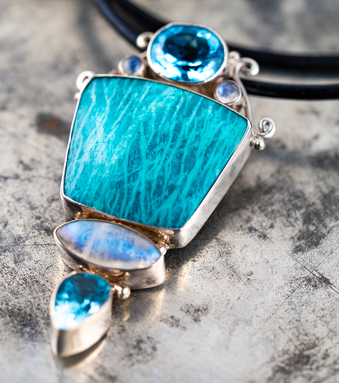 80s Topaz, Amazonite & Moonstone Sculptural Pendant