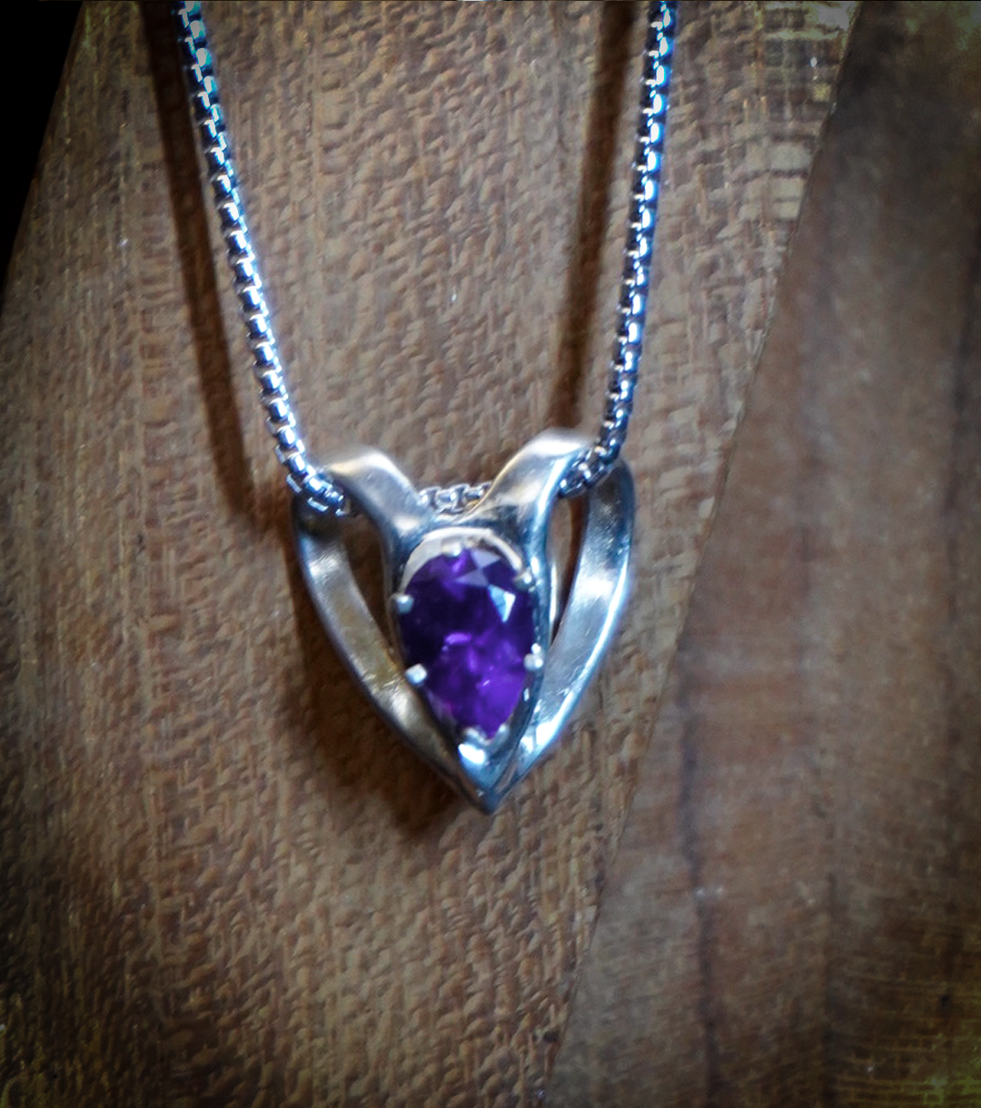 Amethyst Heart Charm in 925 Sterling Silver with 24" Rhodium Plated Sterling Silver Franco Chain