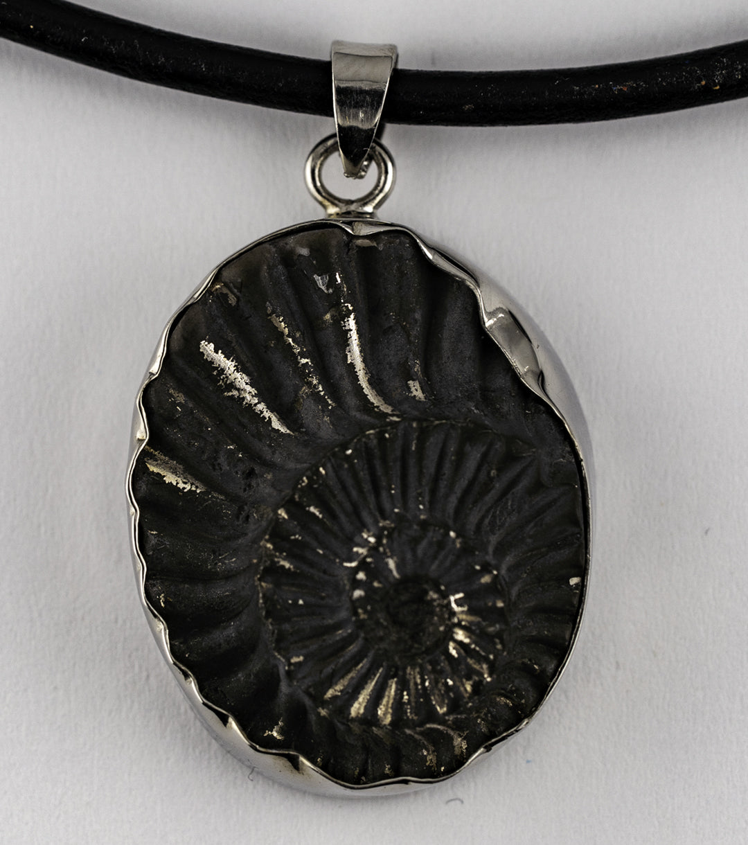 Fossil Ammonite Pyrite & 925 Silver Black Leather Cord Necklace