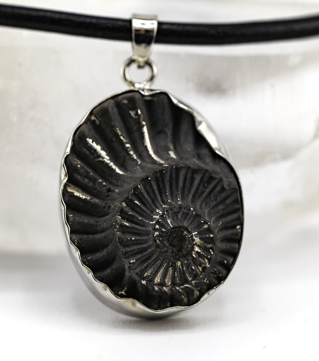 Fossil Ammonite Pyrite & 925 Silver Black Leather Cord Necklace