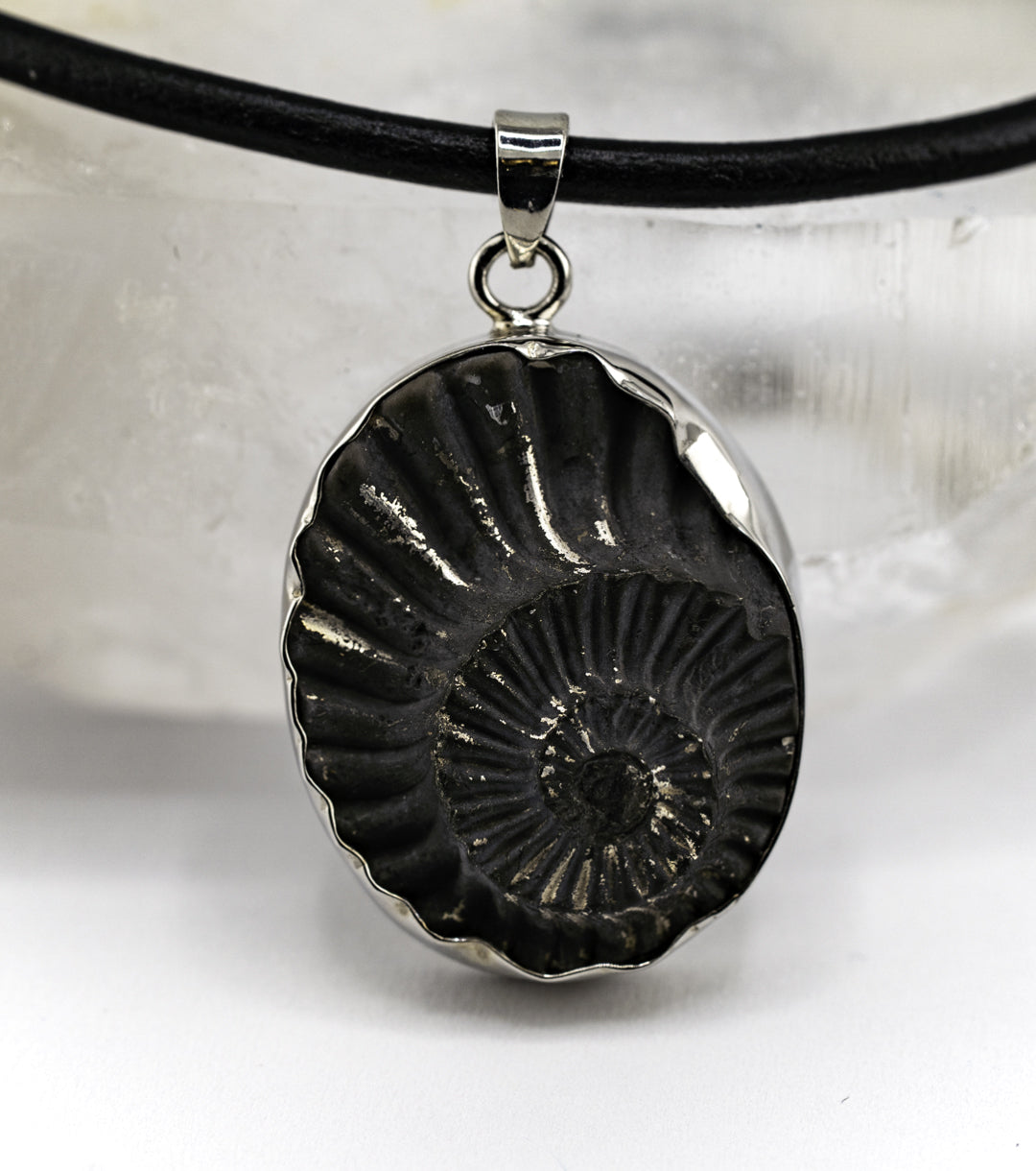 Fossil Ammonite Pyrite & 925 Silver Black Leather Cord Necklace