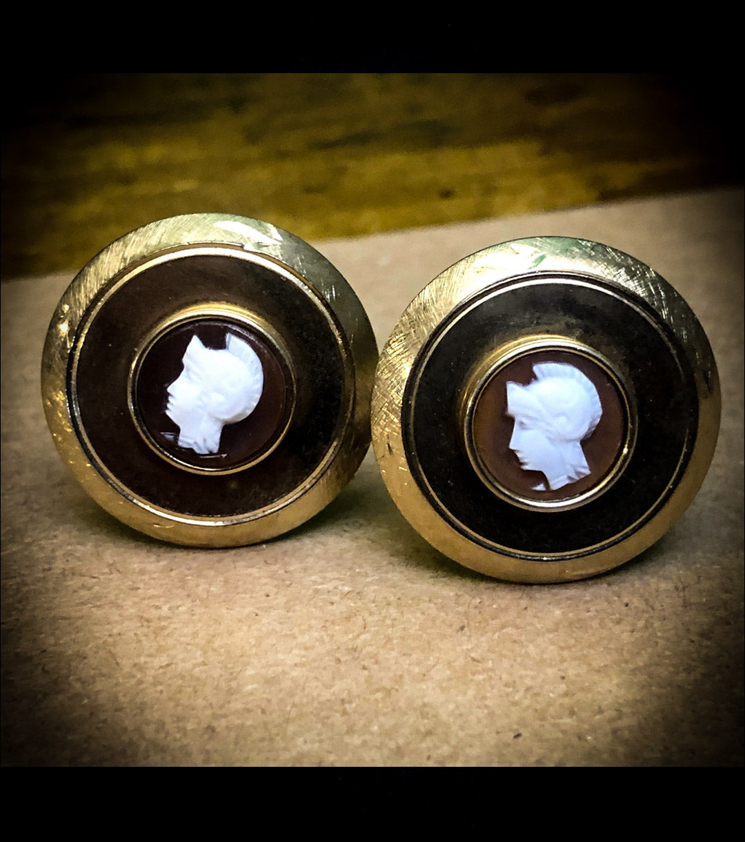 Athena Cufflinks in Gold Fill, Resin & Carved Shell