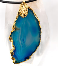 Azure Blue Agate, 14K Gold & Black Leather Necklace