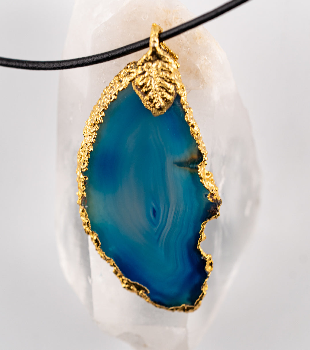 Azure Blue Agate, 14K Gold & Black Leather Necklace