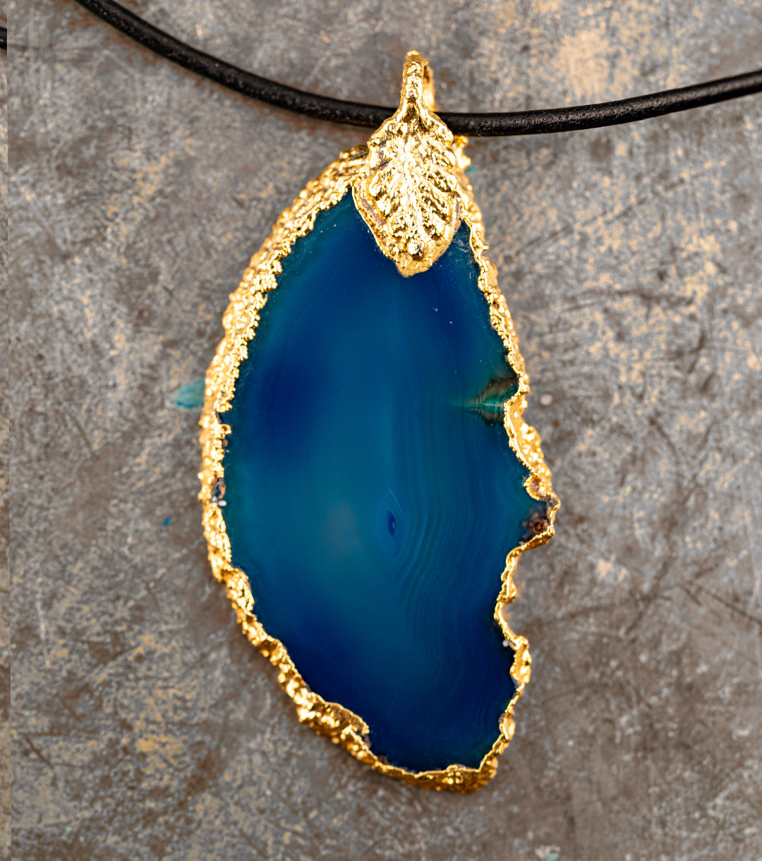 Azure Blue Agate, 14K Gold & Black Leather Necklace