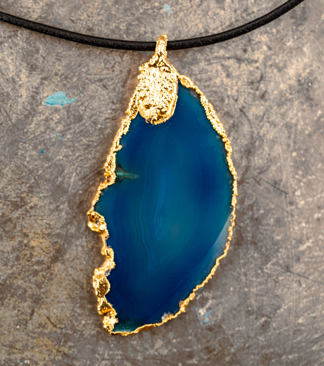 Azure Blue Agate, 14K Gold & Black Leather Necklace