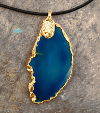 Azure Blue Agate, 14K Gold & Black Leather Necklace