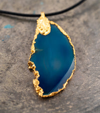 Azure Blue Agate, 14K Gold & Black Leather Necklace