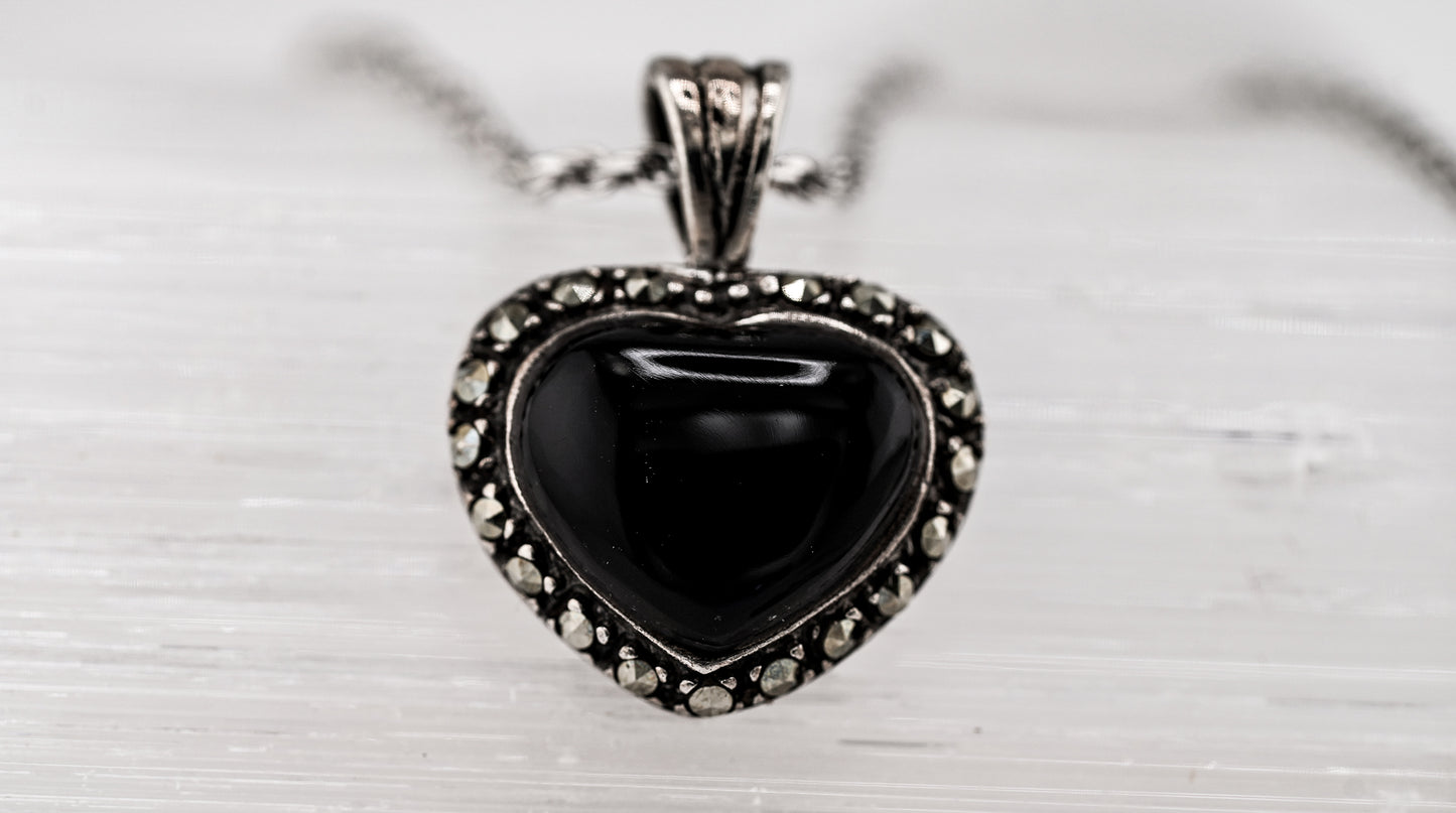 Deco Black Heart - 925 Silver, Onyx & Marcasite Pendant Necklace