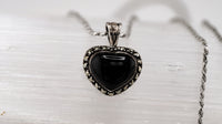 Deco Black Heart - 925 Silver, Onyx & Marcasite Pendant Necklace