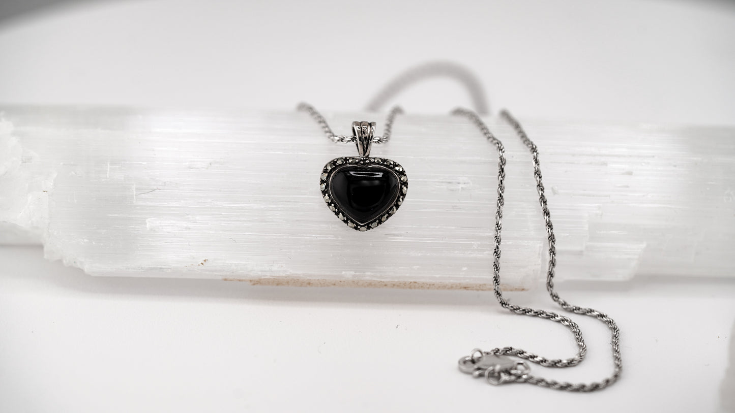 Deco Black Heart - 925 Silver, Onyx & Marcasite Pendant Necklace