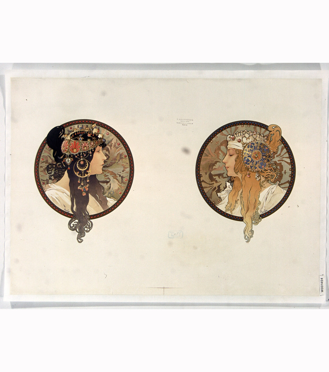 Art Nouveau Limoges Porcelain Brooch After Mucha with Gold Ormolu Asp Frame