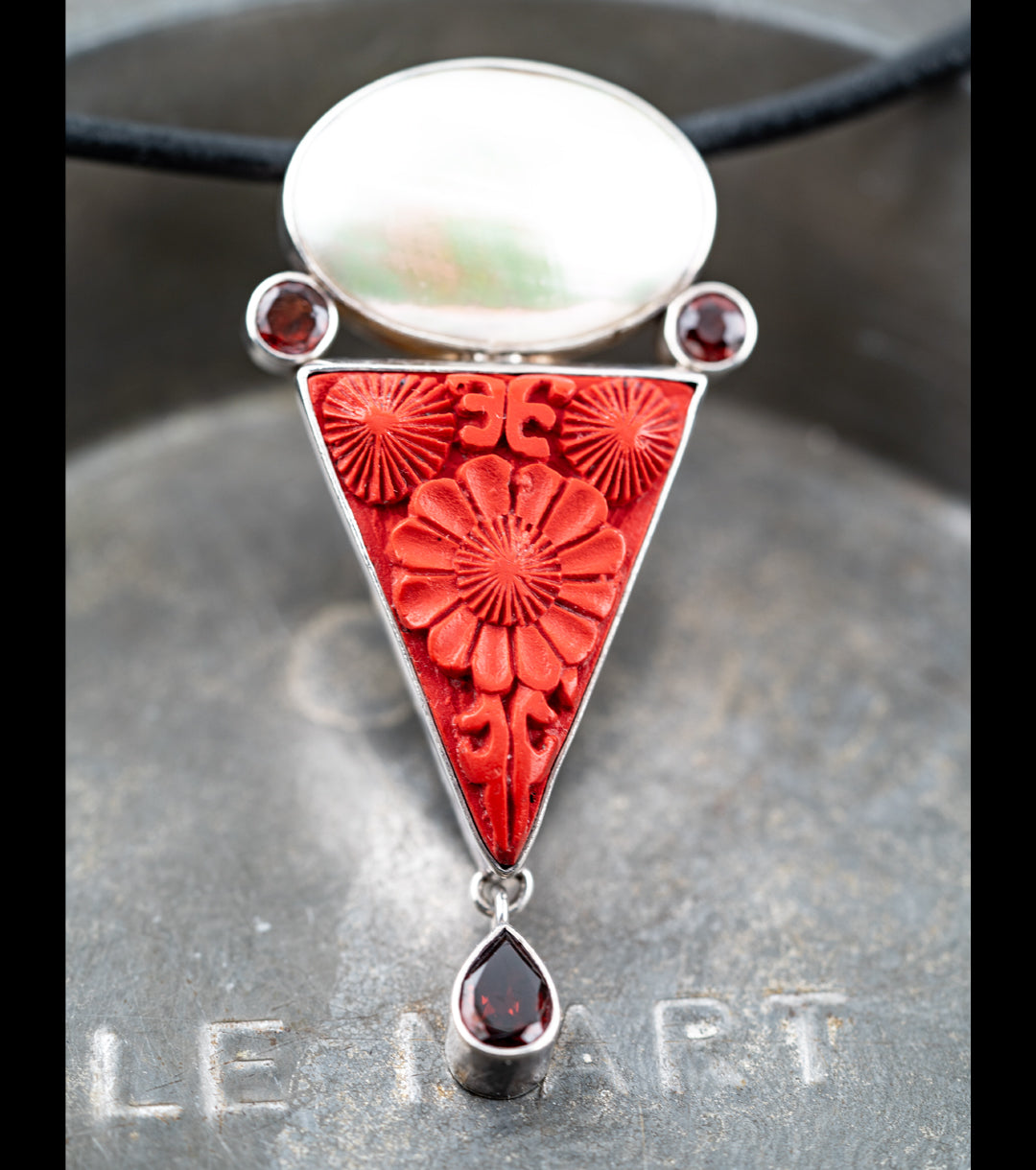 Cinnabar, Mother of Pearl & Garnet Sculptural Pendant Necklace