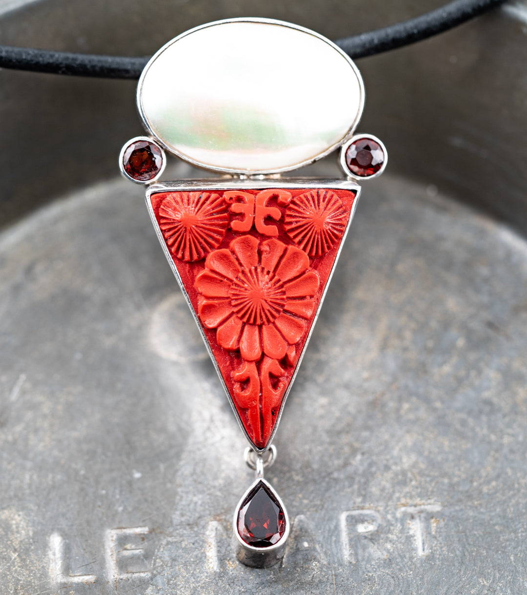 Cinnabar, Mother of Pearl & Garnet Sculptural Pendant Necklace