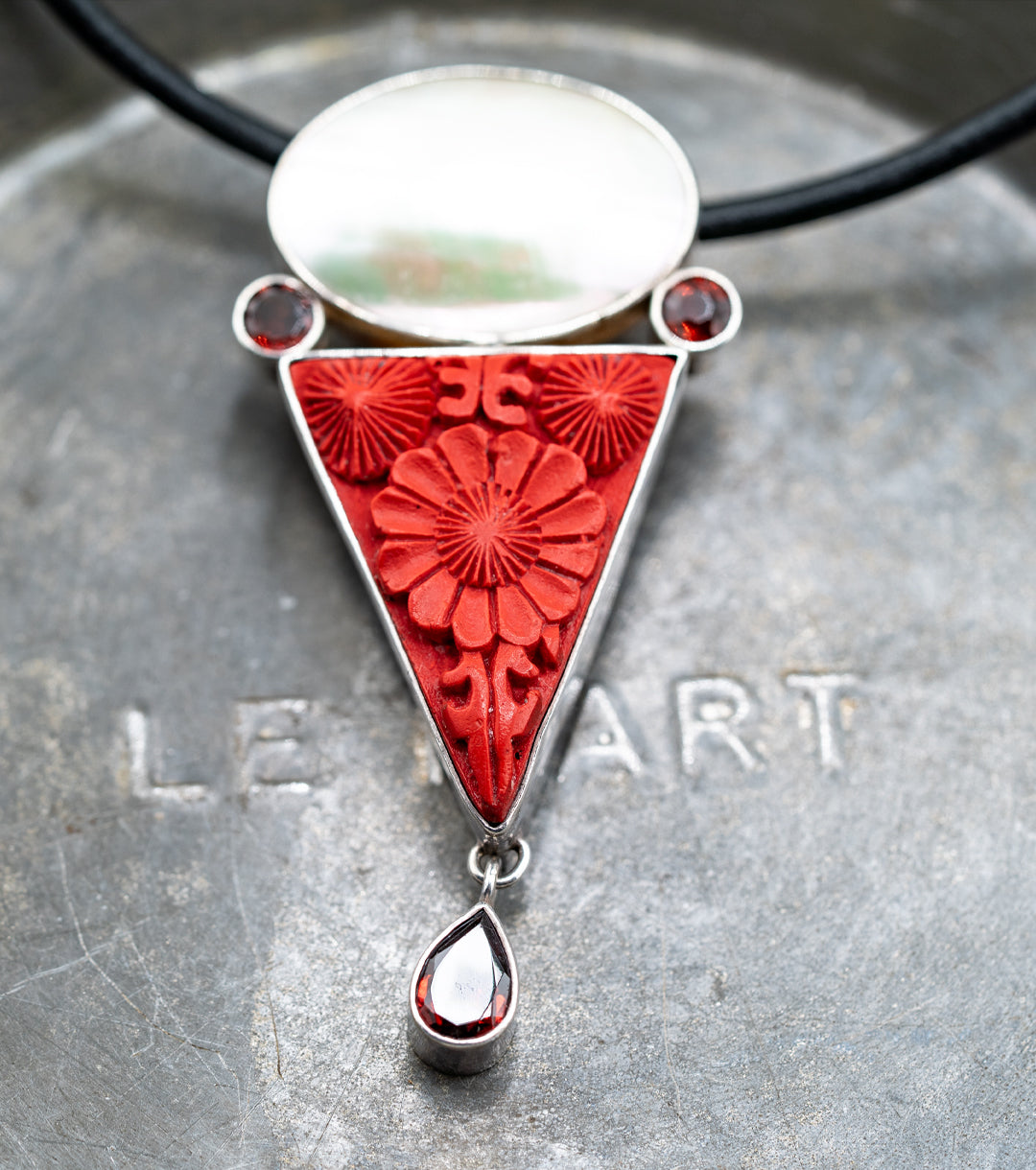Cinnabar, Mother of Pearl & Garnet Sculptural Pendant Necklace