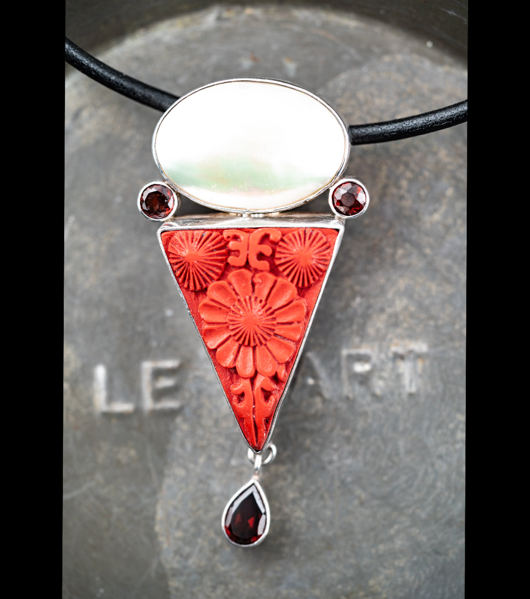 Cinnabar, Mother of Pearl & Garnet Sculptural Pendant Necklace