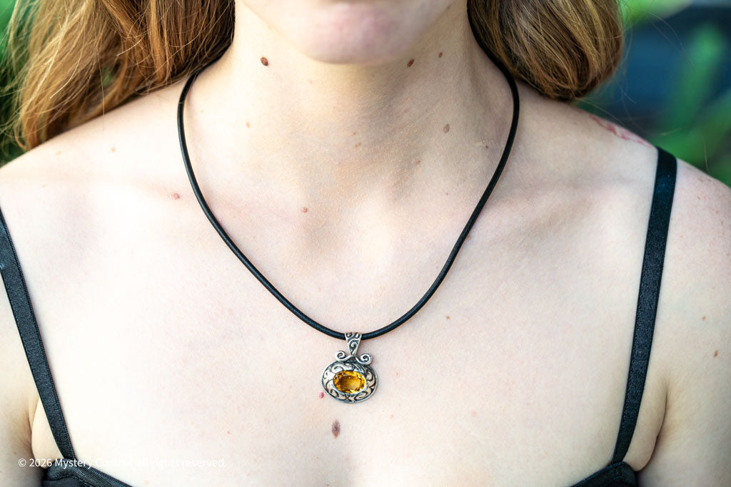 Citrine, Silver & Leather Necklace
