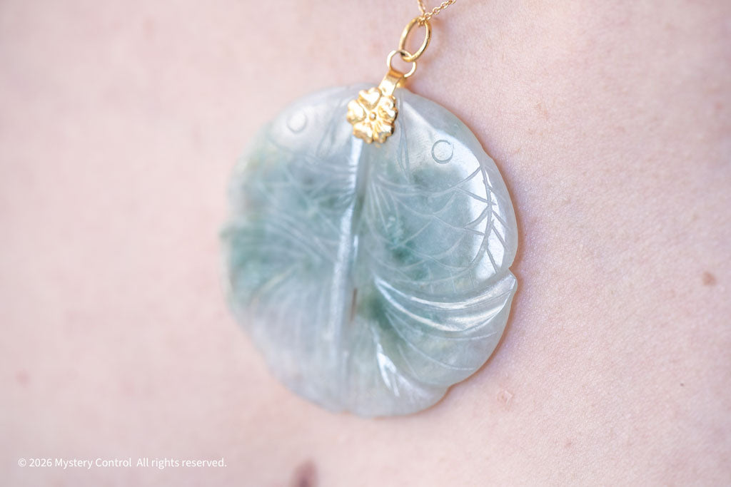 Carved Jade Double Koi Good Luck Pendant Necklace