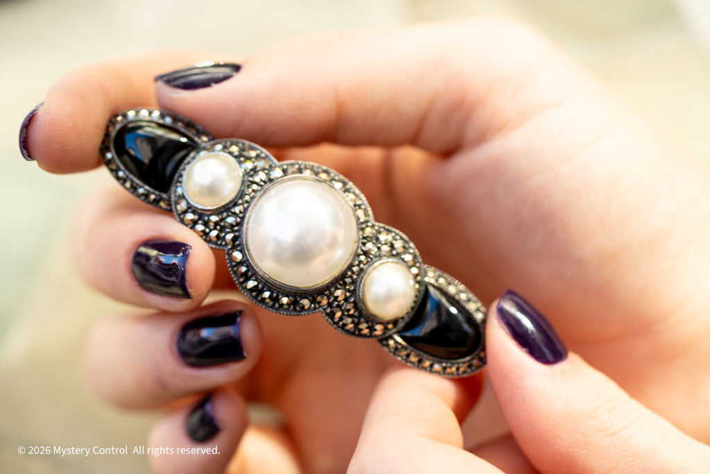 80s Judith Jack 925 Silver, Onyx & Faux Pearl Brooch