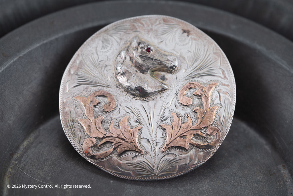 Vintage 925 Silver, Rose Gold & Garnet Horse Head Belt Buckle